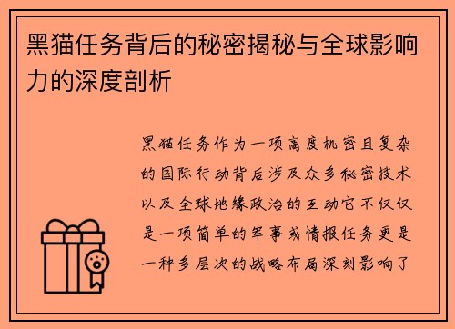 黑猫任务背后的秘密揭秘与全球影响力的深度剖析